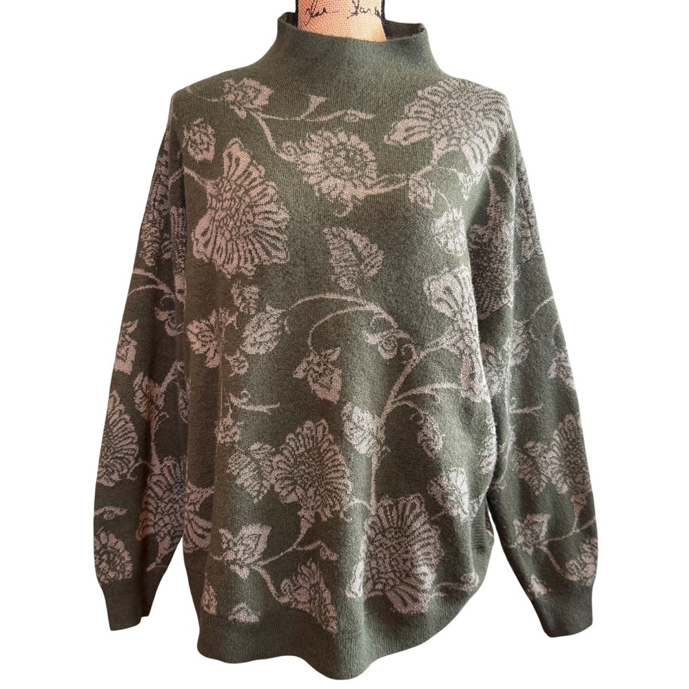 Kate & Sam Womens Floral Knit Cottagecore Comfy Mock Neck Sweater Green Large